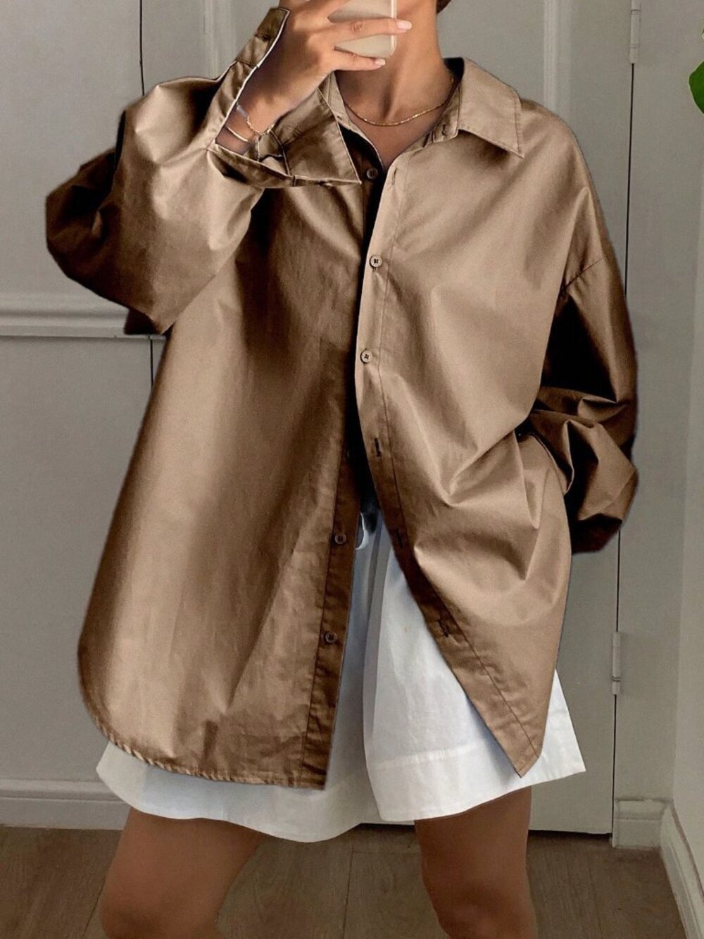 Brown Casual Women's Loose Long Sleeve Blouse with Turndown Collar